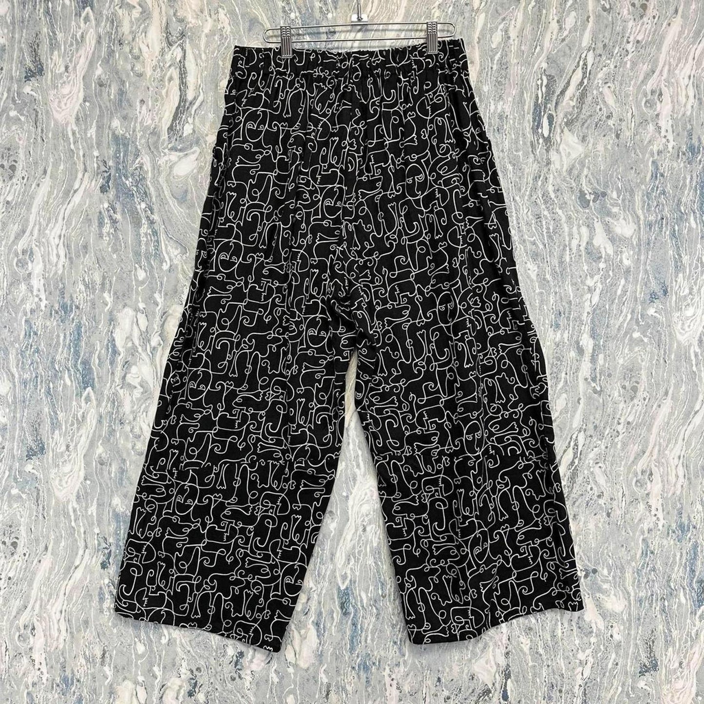 Vintage Abstract Line Art Wide-Leg Pants (L)