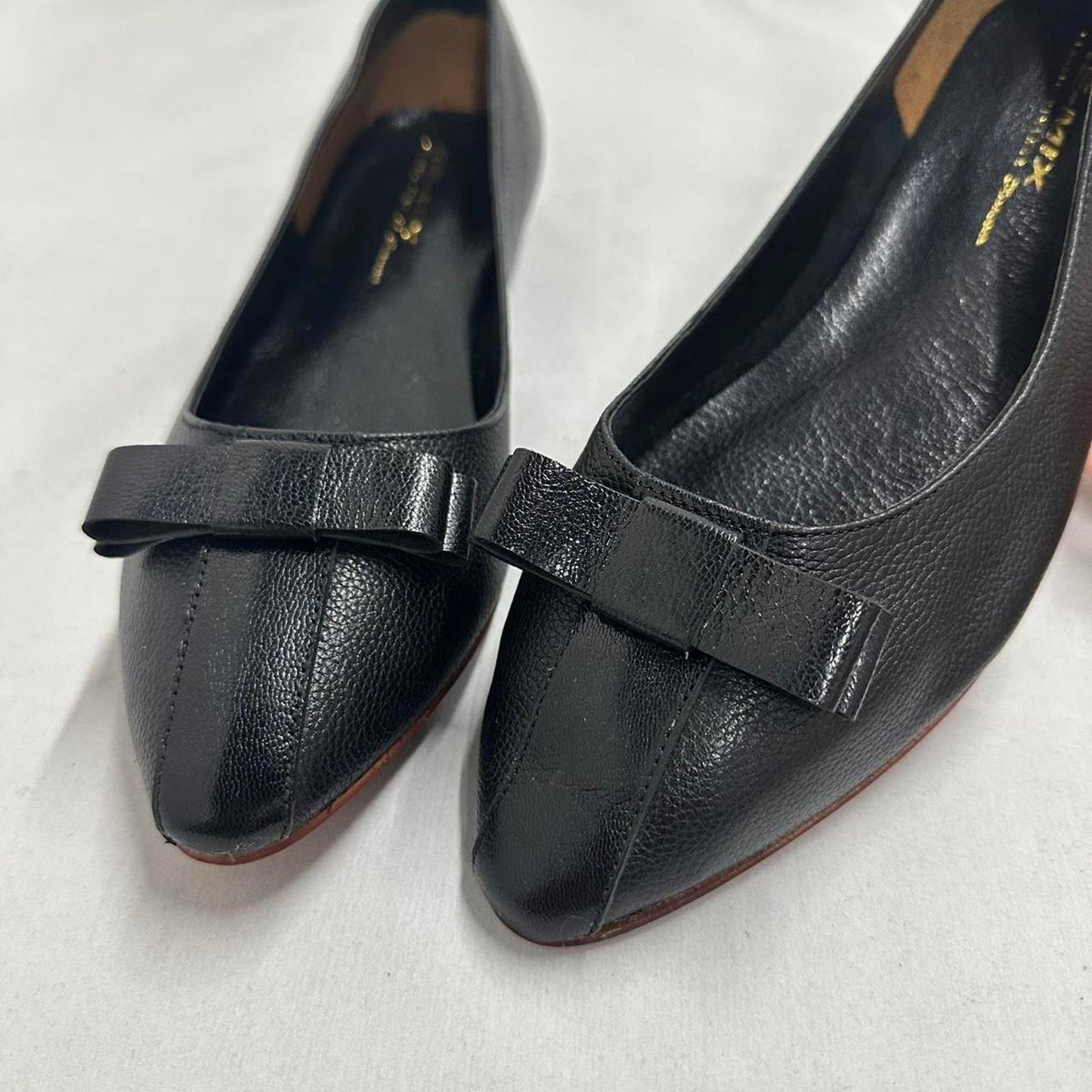 Designer Preppy Black Leather Bow Ballet Flats (10M)