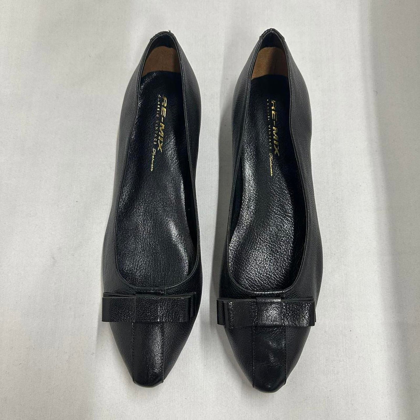 Designer Preppy Black Leather Bow Ballet Flats (10M)
