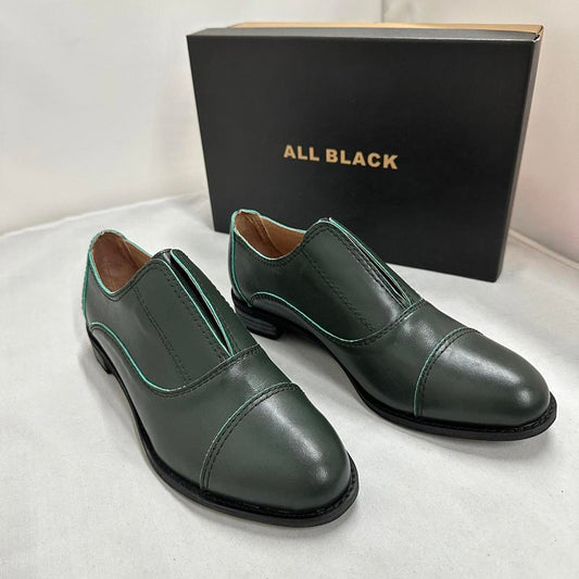Designer Vintage Style Dark Green Leather Loafers (40)