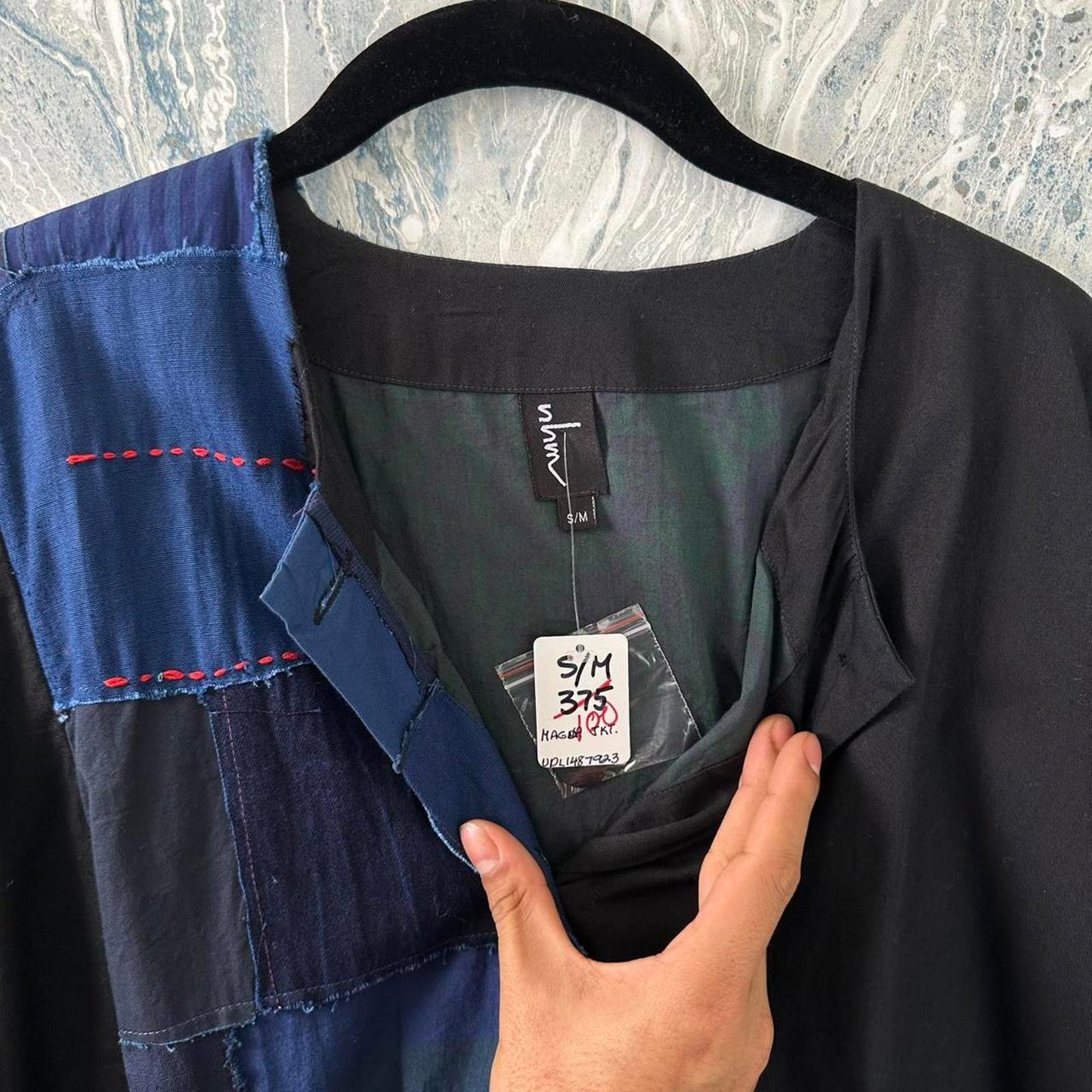 Boho Black & Blue Patchwork Button-Up Jacket (S/M)