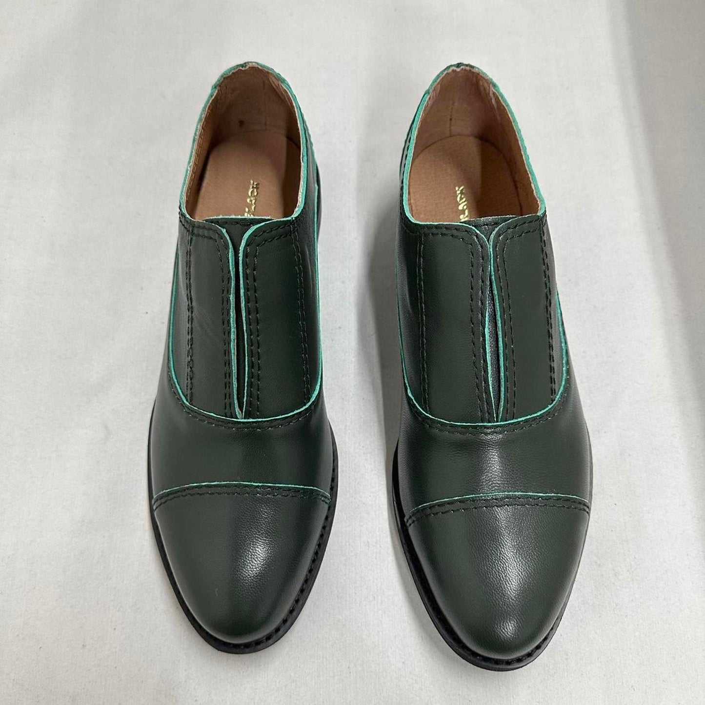 Designer Vintage Style Dark Green Leather Loafers (38)