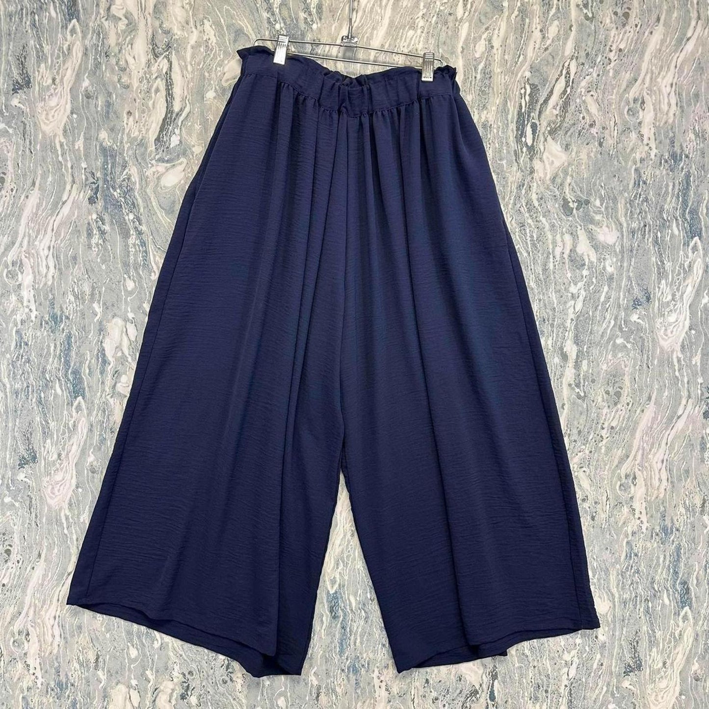Designer Boho Navy Blue Wide Leg Elastic Waist Women's Pants (2)