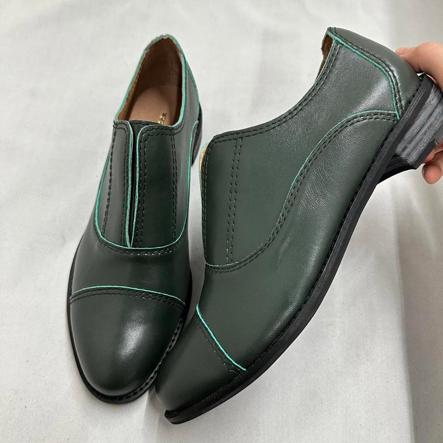Designer Vintage Style Dark Green Leather Loafers (40)