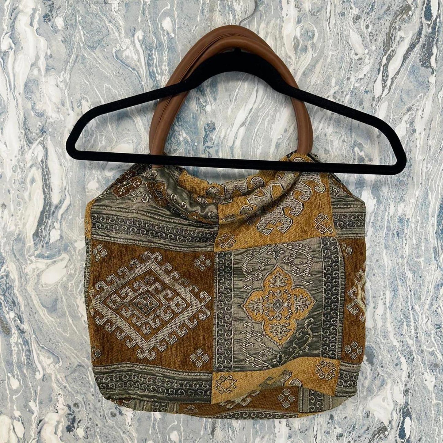 Bohemian Tan & Gold Embellished Patchwork Tapestry Bag