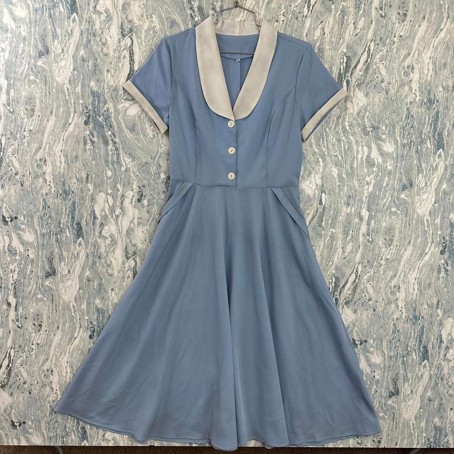 Vintage Classic Blue & Cream Midi Dress with Shawl Collar (L)