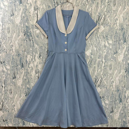 Vintage Classic Blue & Cream Midi Dress with Shawl Collar (L)