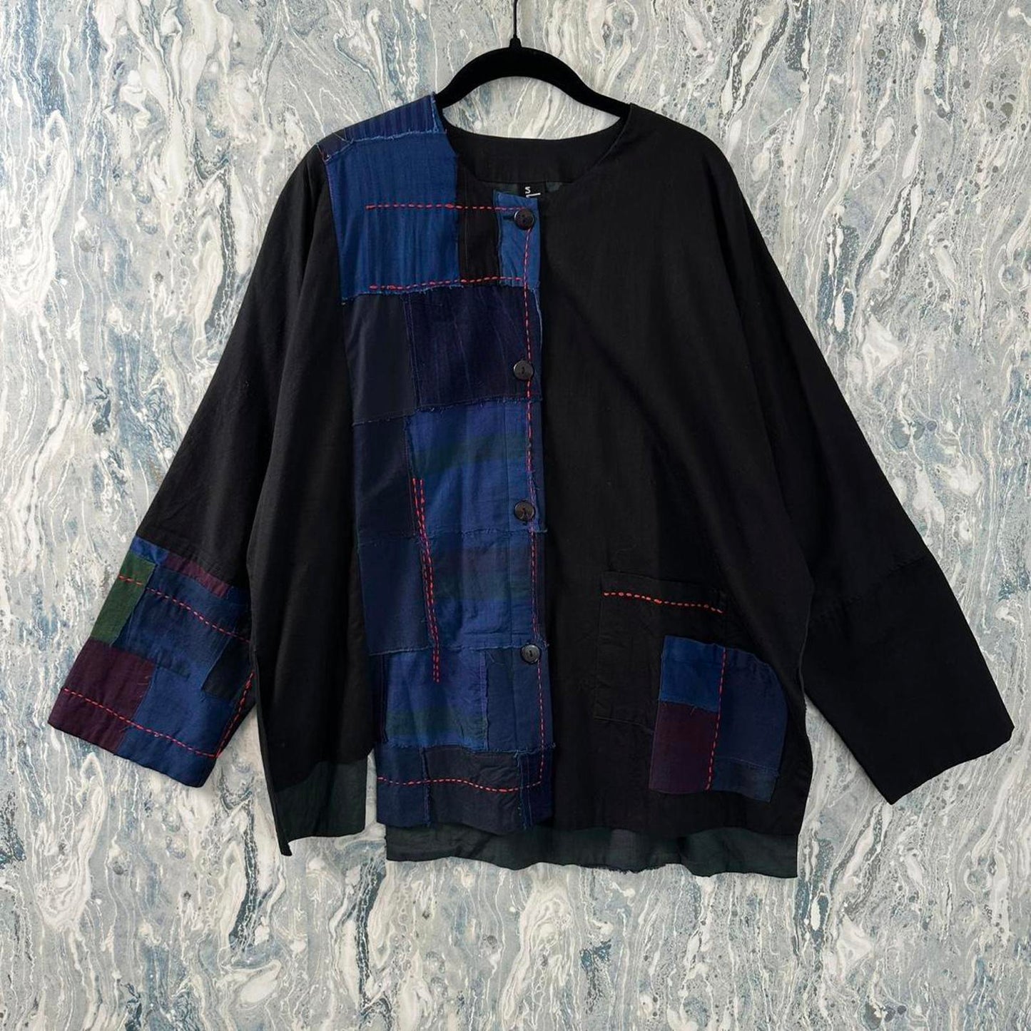 Boho Black & Blue Patchwork Button-Up Jacket (S/M)
