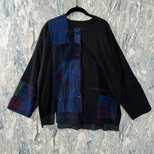 Boho Black & Blue Patchwork Button-Up Jacket (S/M)