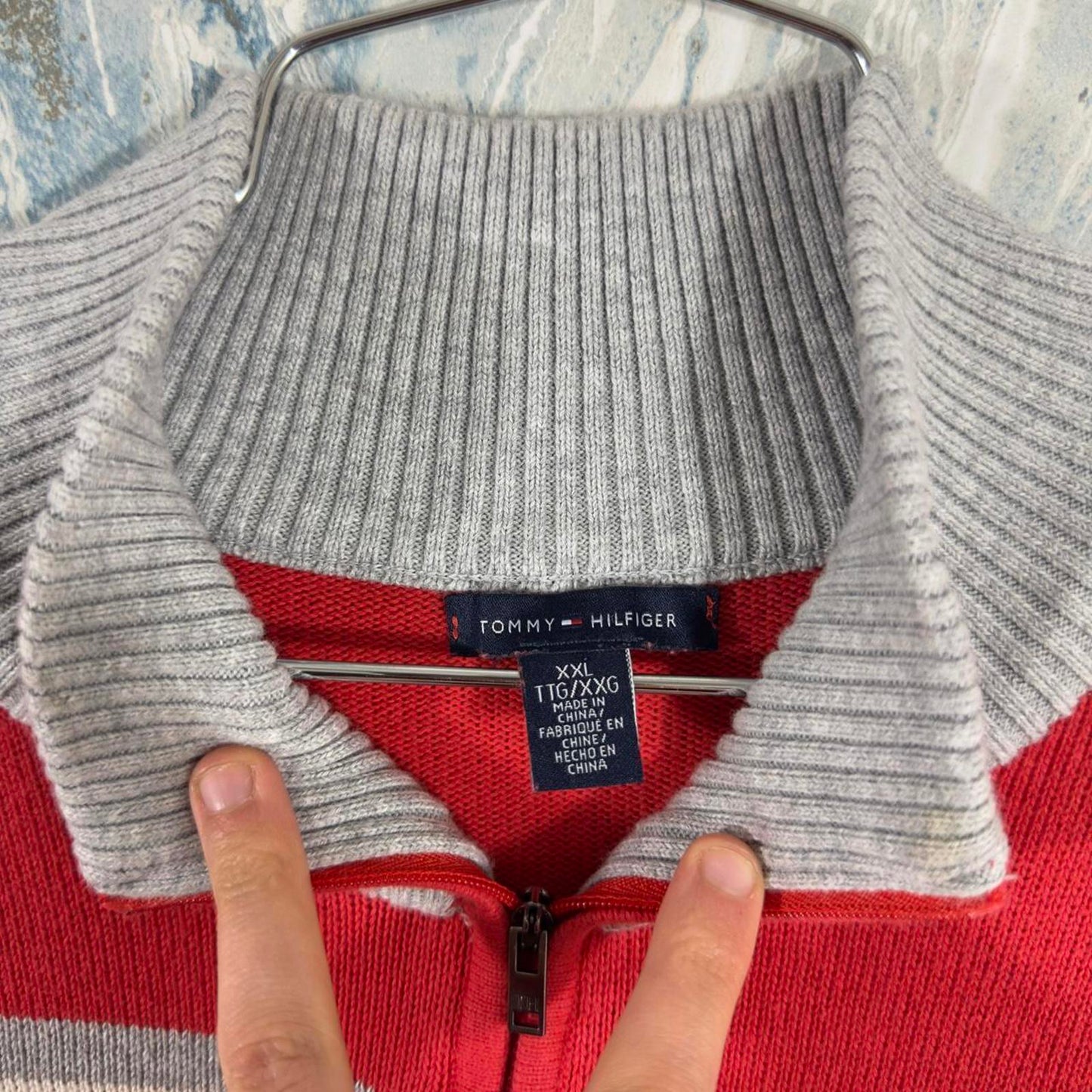 Tommy Hilfiger Red Zip-Up Sweater with Stripes (XXL)