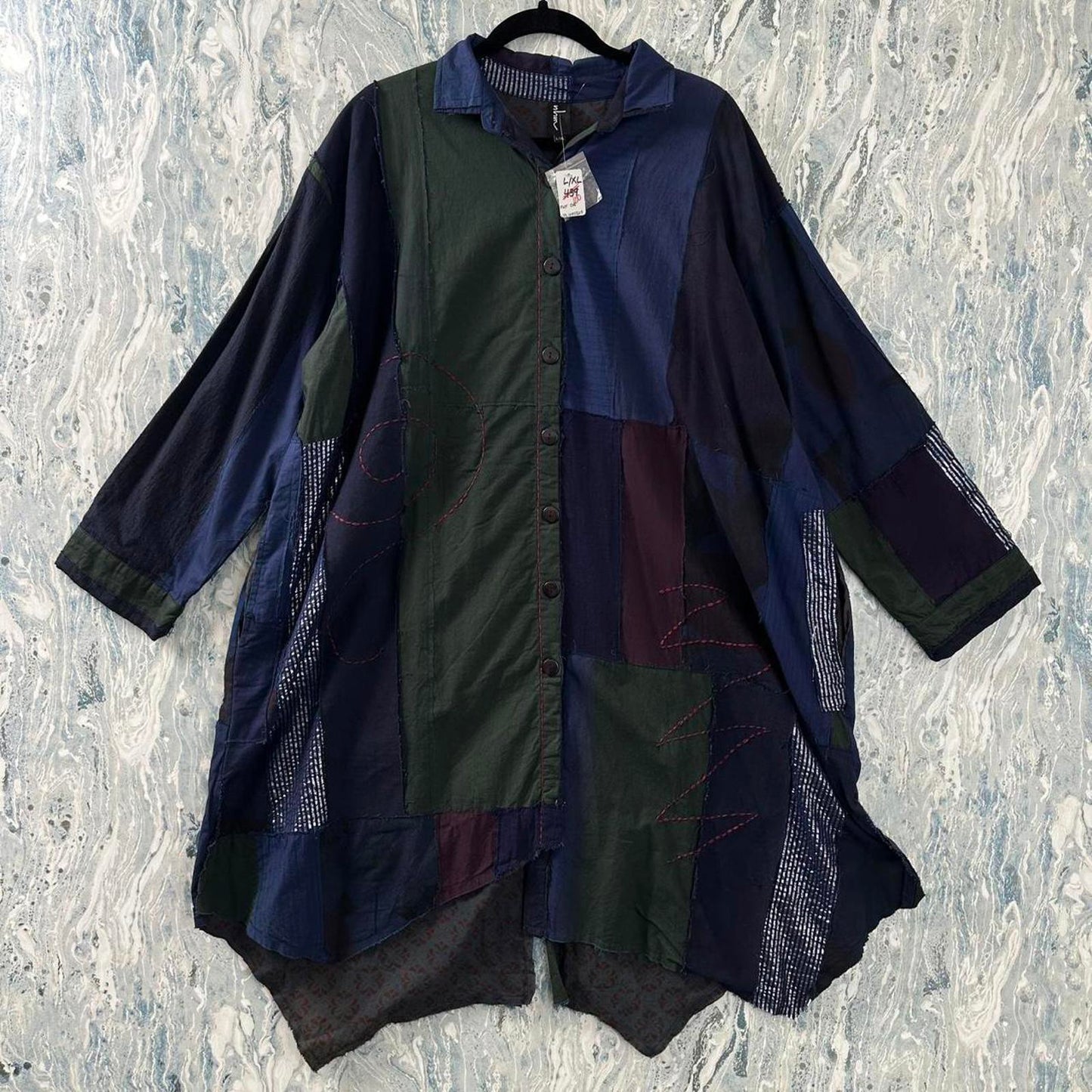 Boho Patchwork Button-Up Tunic Shirt Dress (L/XL)