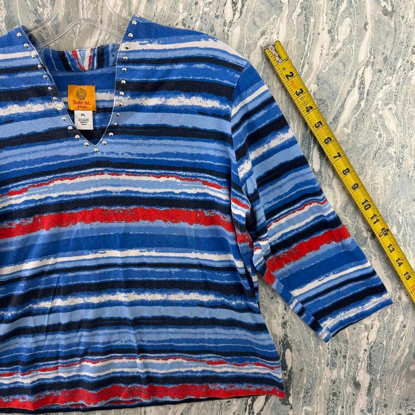 Ruby Rd. Striped Blue Red V-Neck Studded Petite Top (PL)