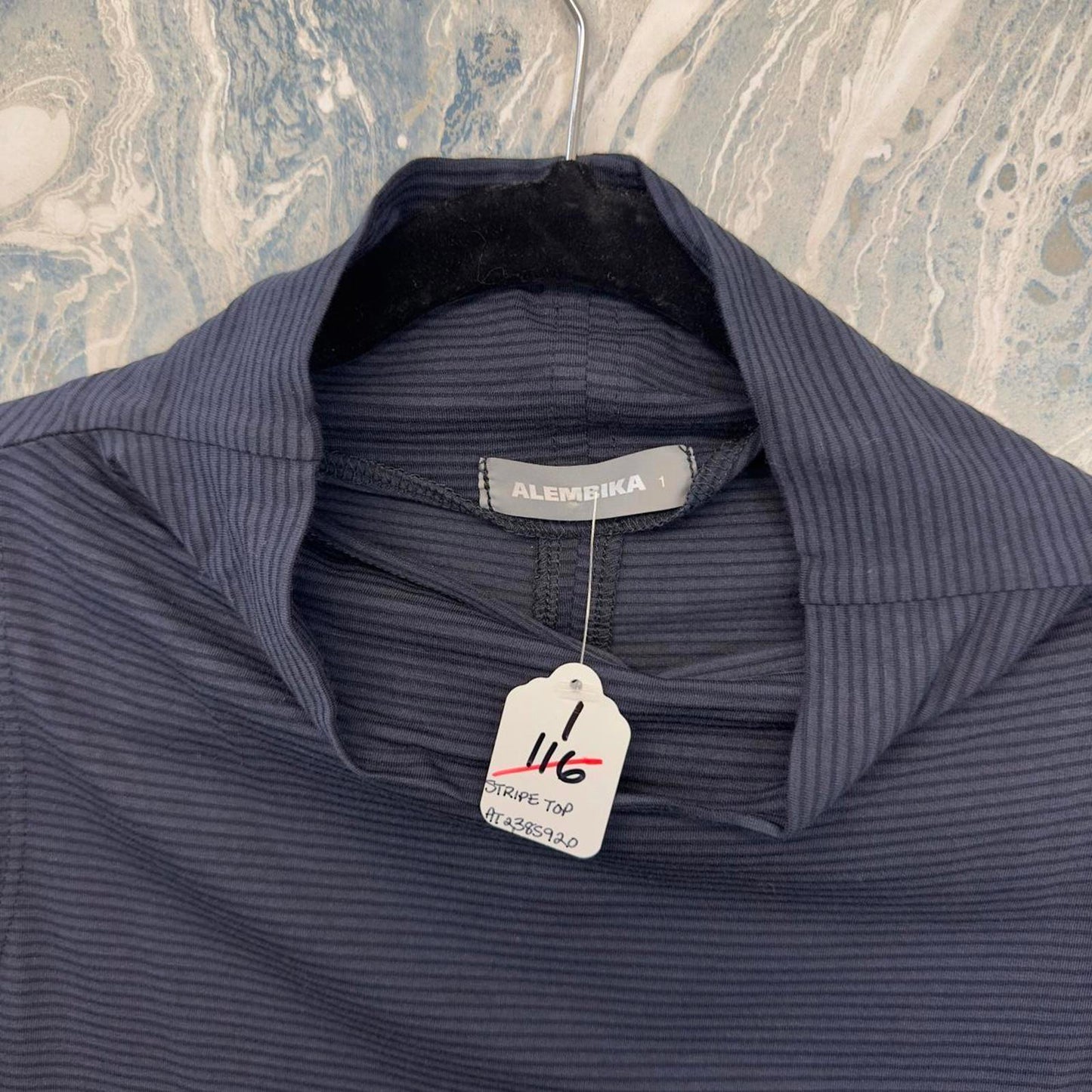 Designer Navy Blue Striped Sleeveless Mock Neck Top (M)