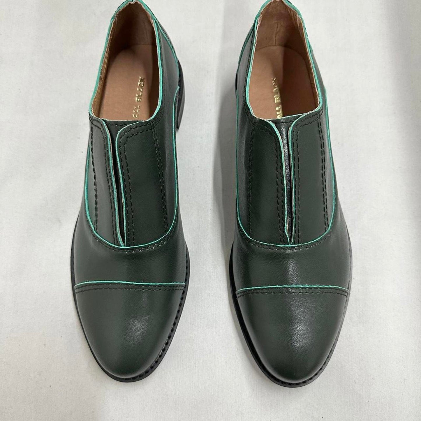 Designer Vintage Style Dark Green Leather Loafers (40)