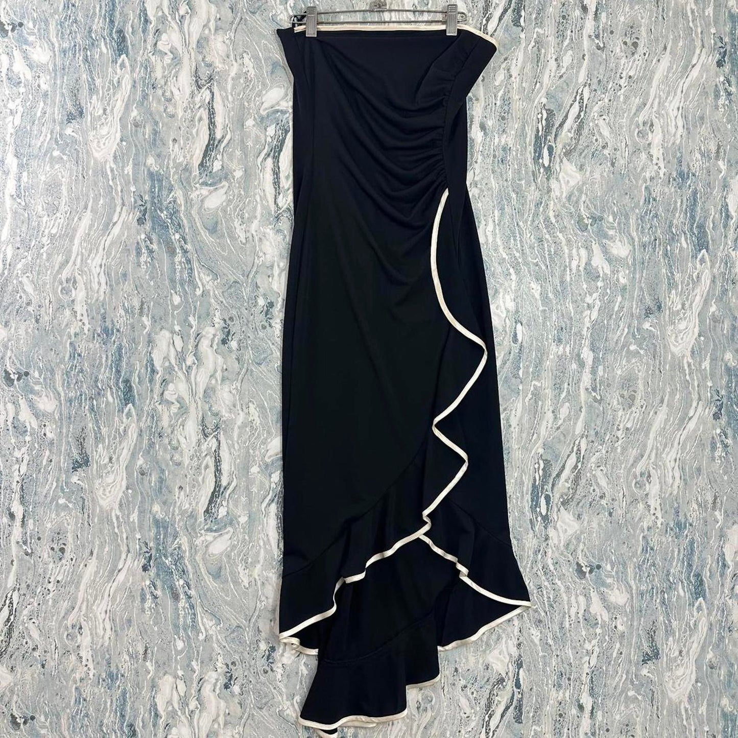 Vintage RAMPAGE Elegant Black Strapless Ruffle Trim Midi Dress (M)