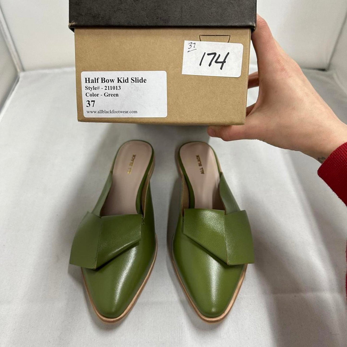 Preppy Chic Olive Green Leather Half Bow Mules (6.5)