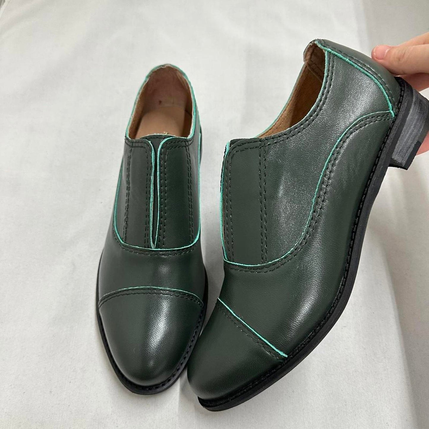 Designer Vintage Style Dark Green Leather Loafers (38)