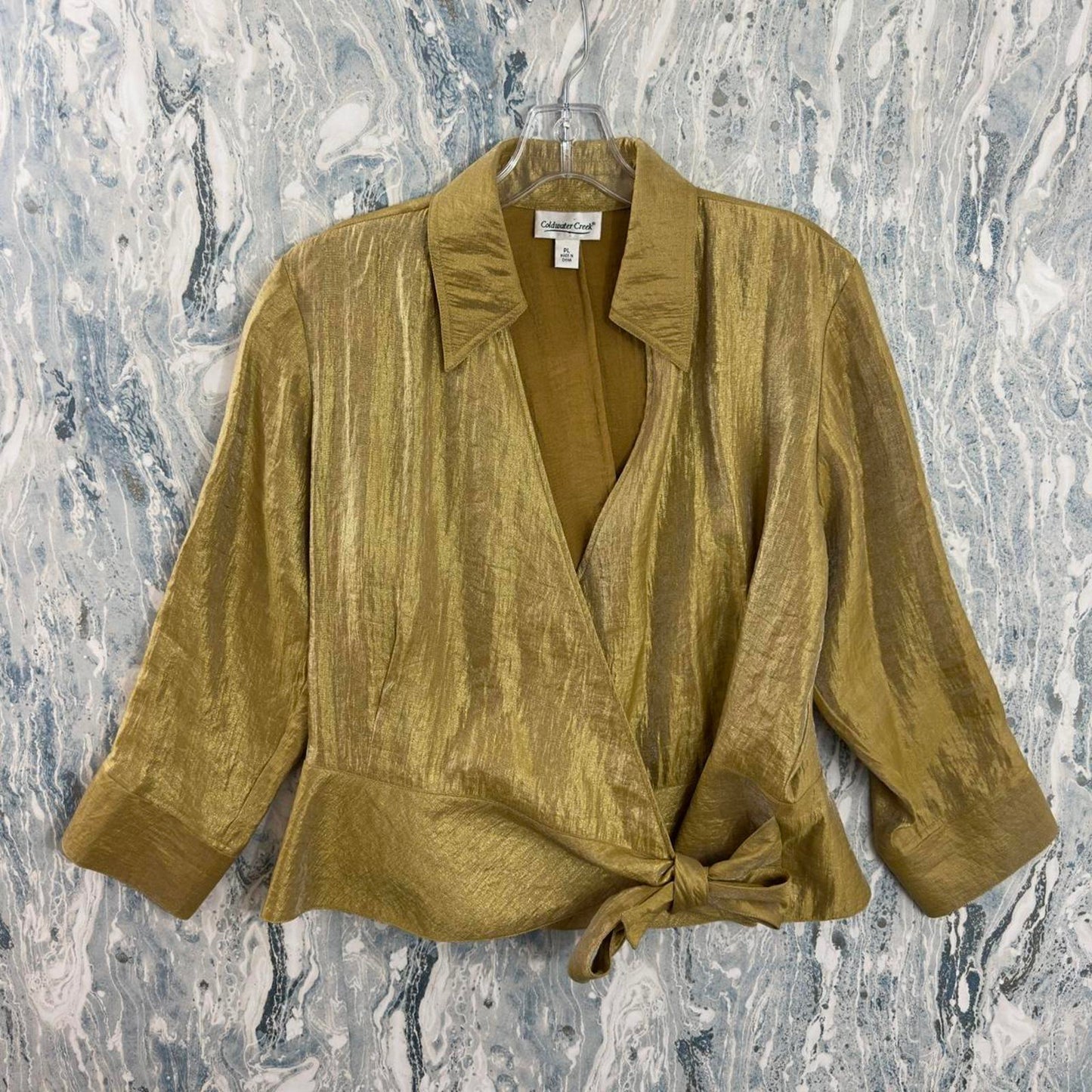 Vintage Coldwater Creek Metallic Gold Wrap Blouse with Tie Detail (PL)