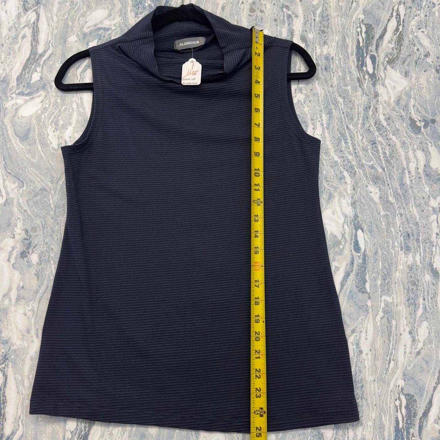 Designer Navy Blue Striped Sleeveless Mock Neck Top (M)