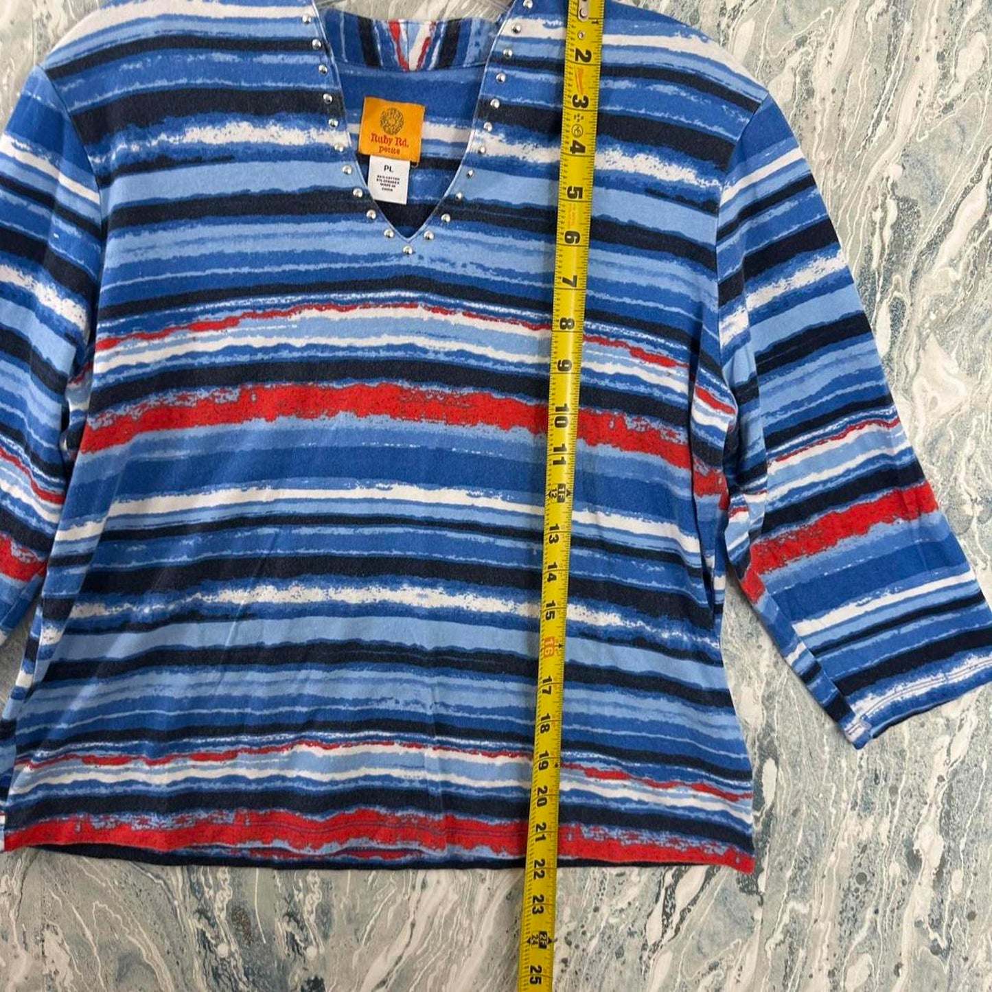 Ruby Rd. Striped Blue Red V-Neck Studded Petite Top (PL)
