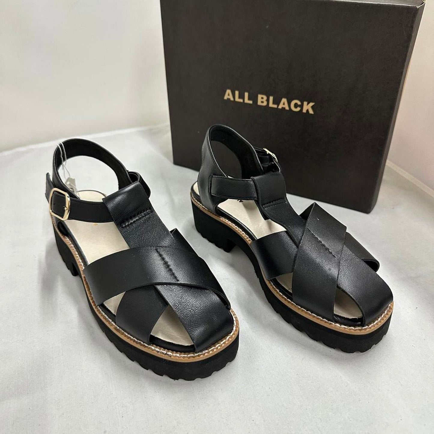 Designer Sleek Black Strappy Platform Sandals (38)