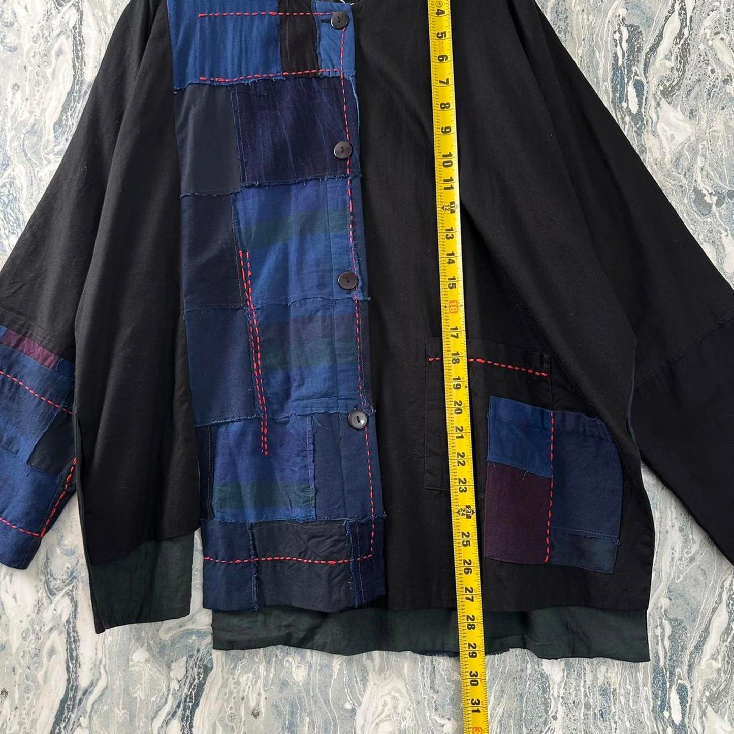 Boho Black & Blue Patchwork Button-Up Jacket (S/M)