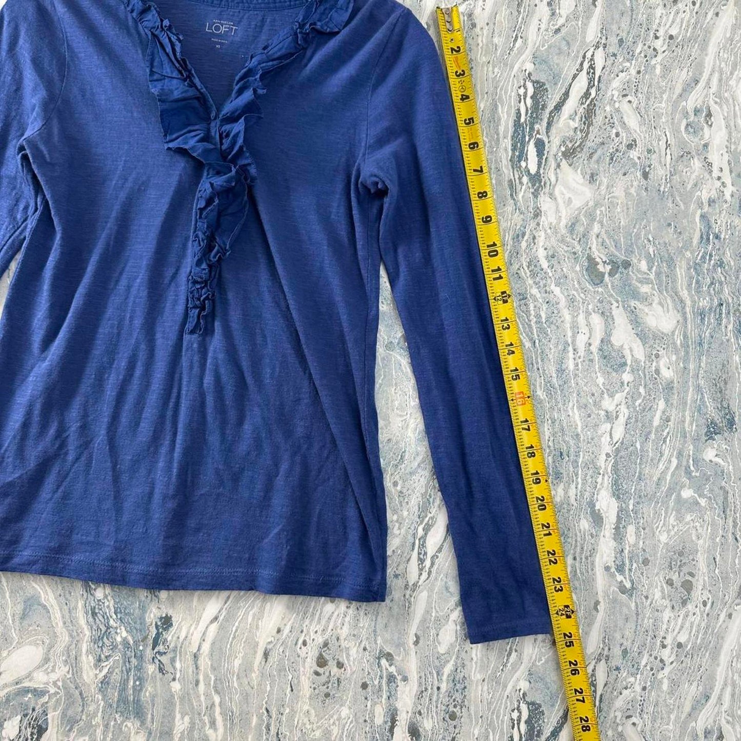 Y2K Ann Taylor LOFT Ruffle Trim Blue Long Sleeve Cotton Top (XS)