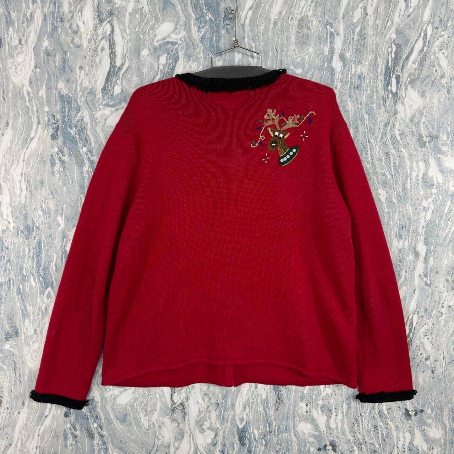 Vintage TIARA Red Embroidered Reindeer Full Zip Women's Sweater (L)