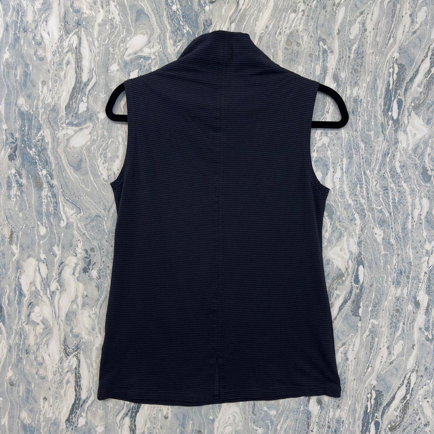 Designer Navy Blue Striped Sleeveless Mock Neck Top (M)