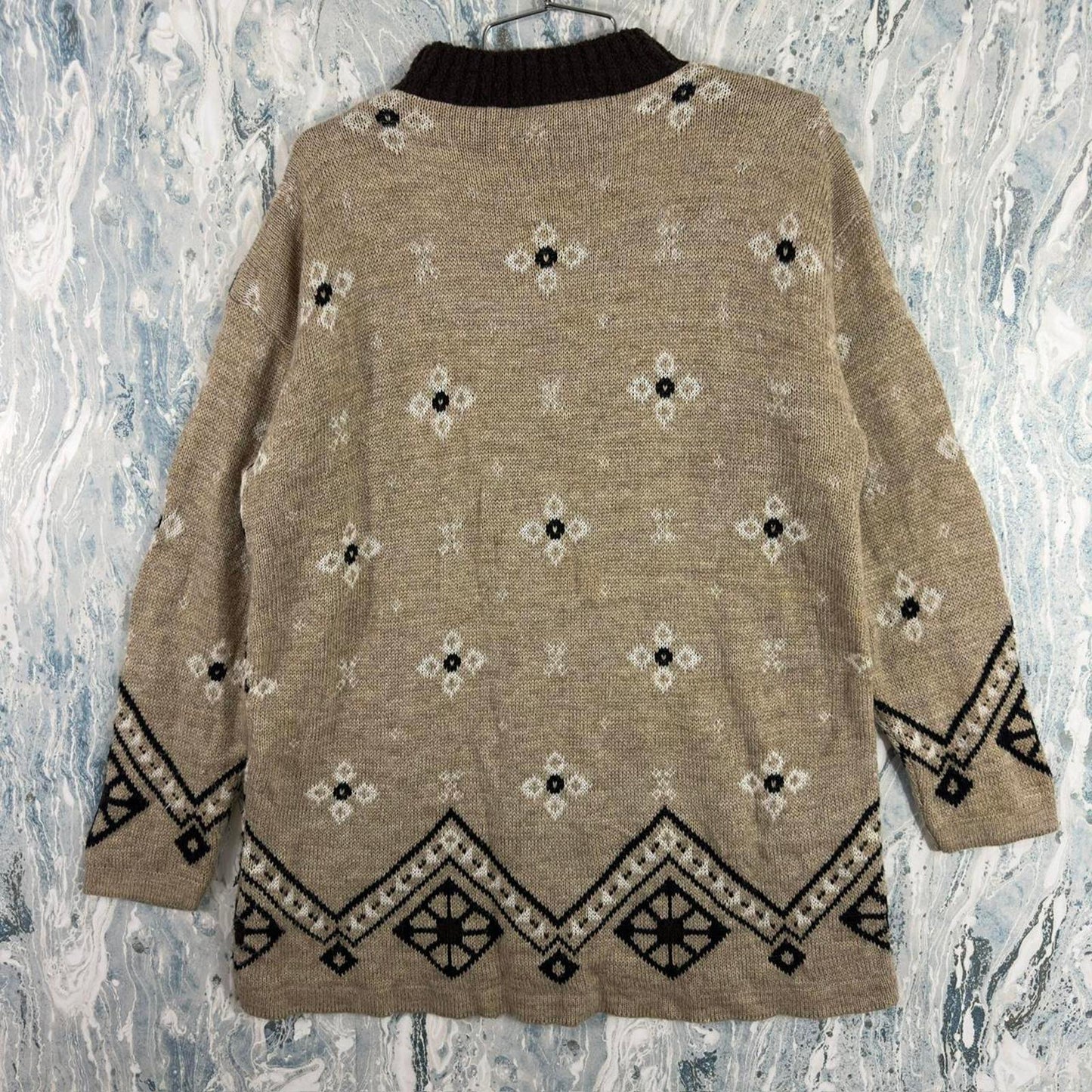 Vintage Tan & Brown Preppy Patterned Knit Winter Christmas Snowflake Sweater (M)