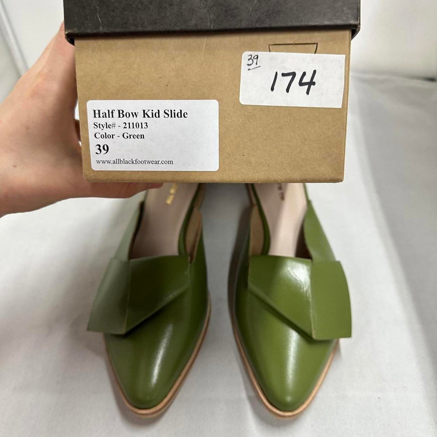 Contemporary Chic Olive Green Leather Half Bow Mule Sandals (8.5)