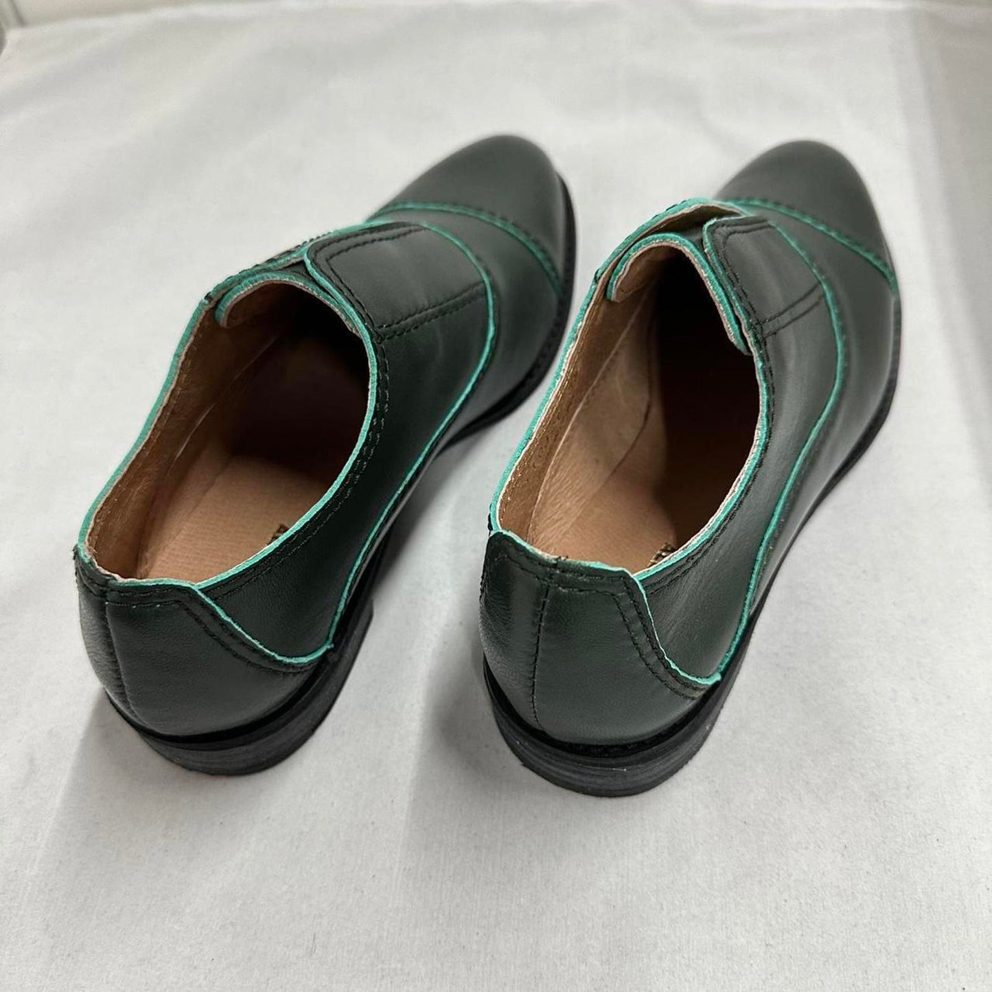 Designer Vintage Style Dark Green Leather Loafers (38)