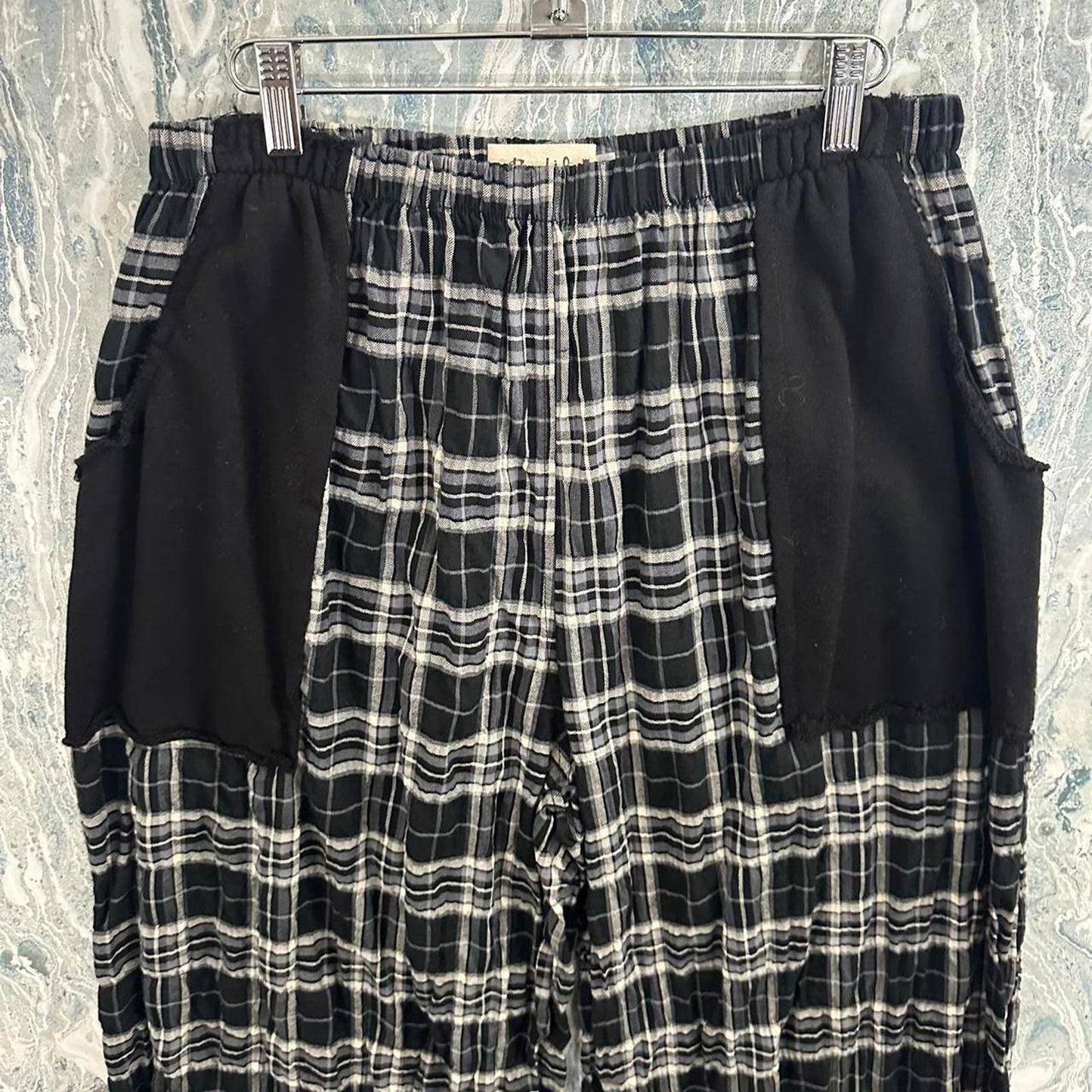 Designer black & white plaid checkered parachute pants (L)