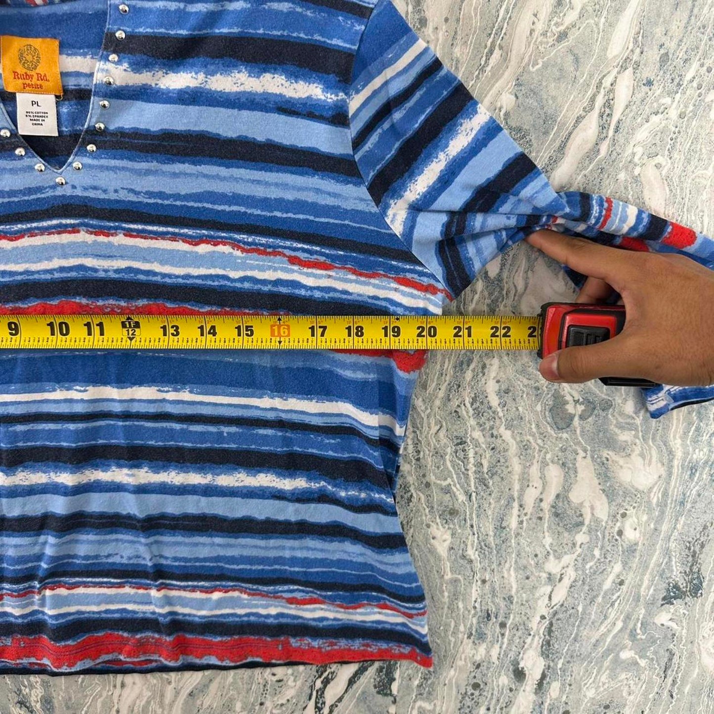 Ruby Rd. Striped Blue Red V-Neck Studded Petite Top (PL)