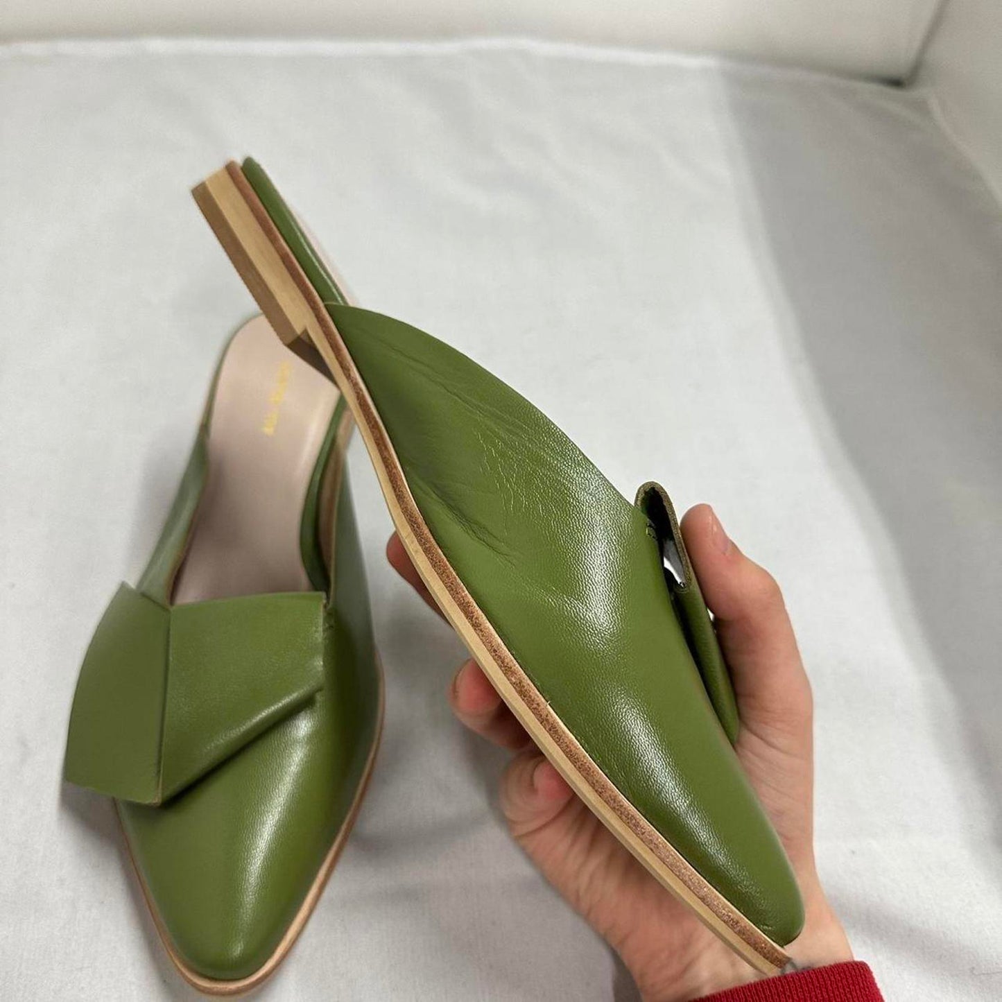 Preppy Chic Olive Green Leather Half Bow Mules (6.5)