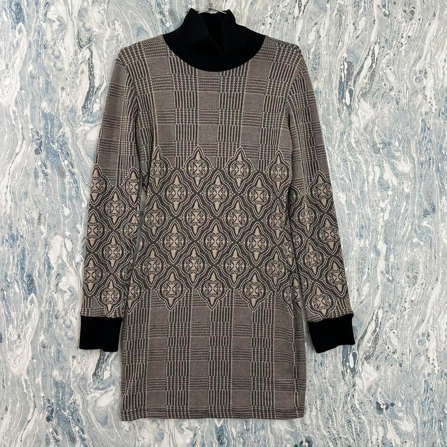 Preppy Vintage Plaid Tan Pattern Long Sleeve Dress (Size 42)