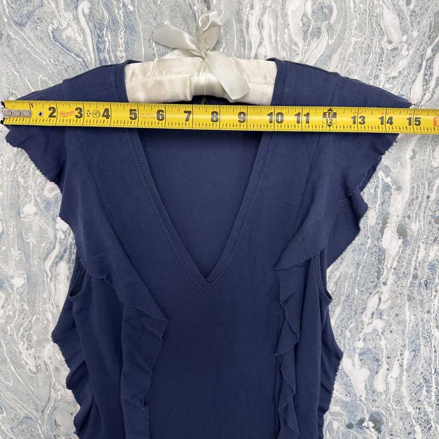 BCBGMAXAZRIA Navy Blue Ruffle Trim Top (XXS)