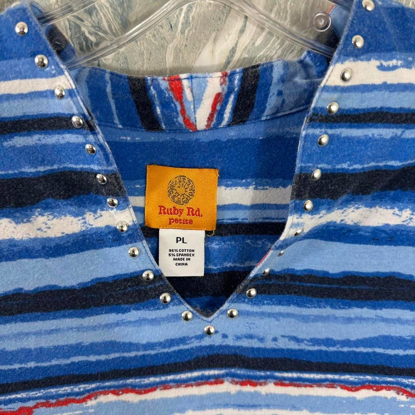 Ruby Rd. Striped Blue Red V-Neck Studded Petite Top (PL)