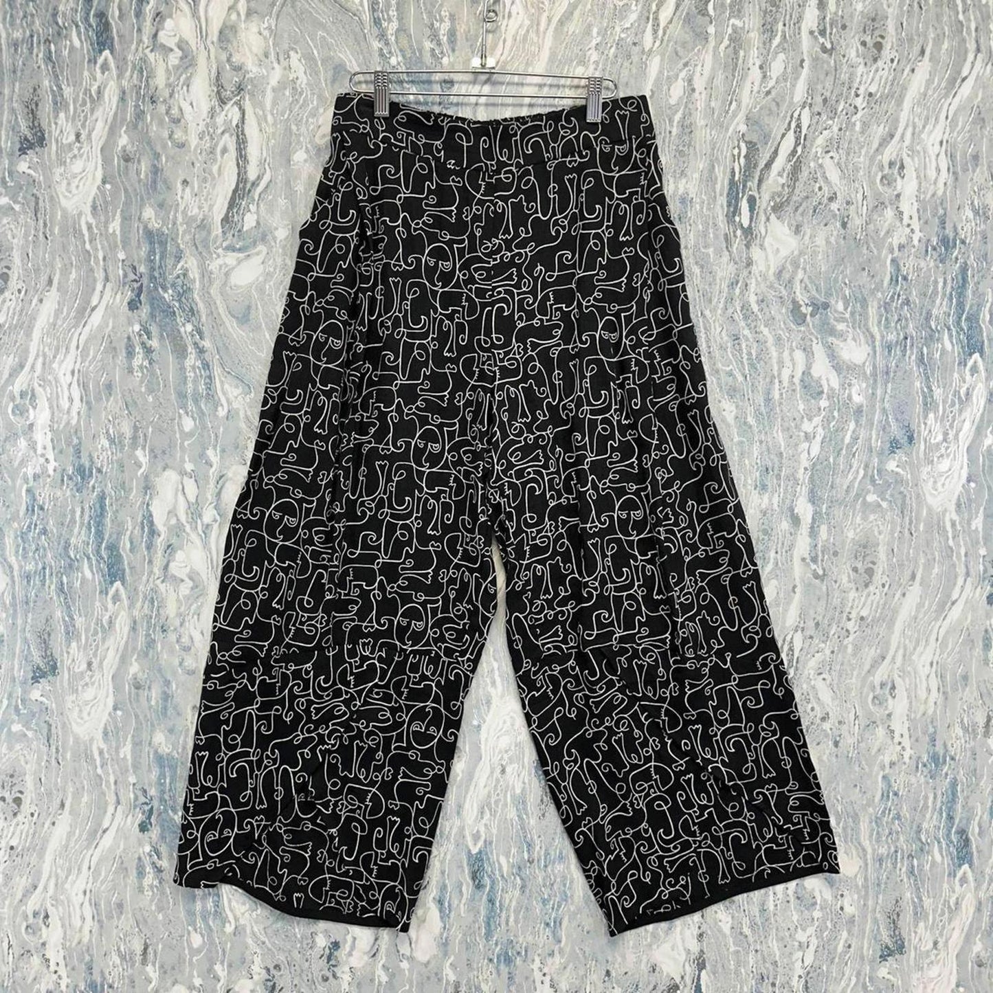 Vintage Abstract Line Art Wide-Leg Pants (L)
