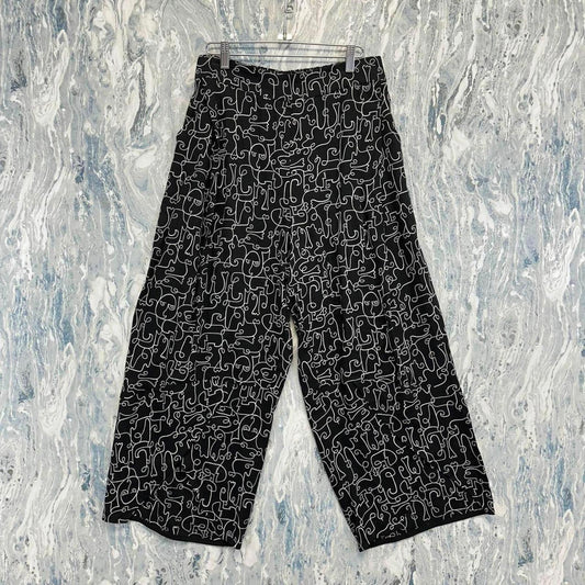 Vintage Abstract Line Art Wide-Leg Pants (L)