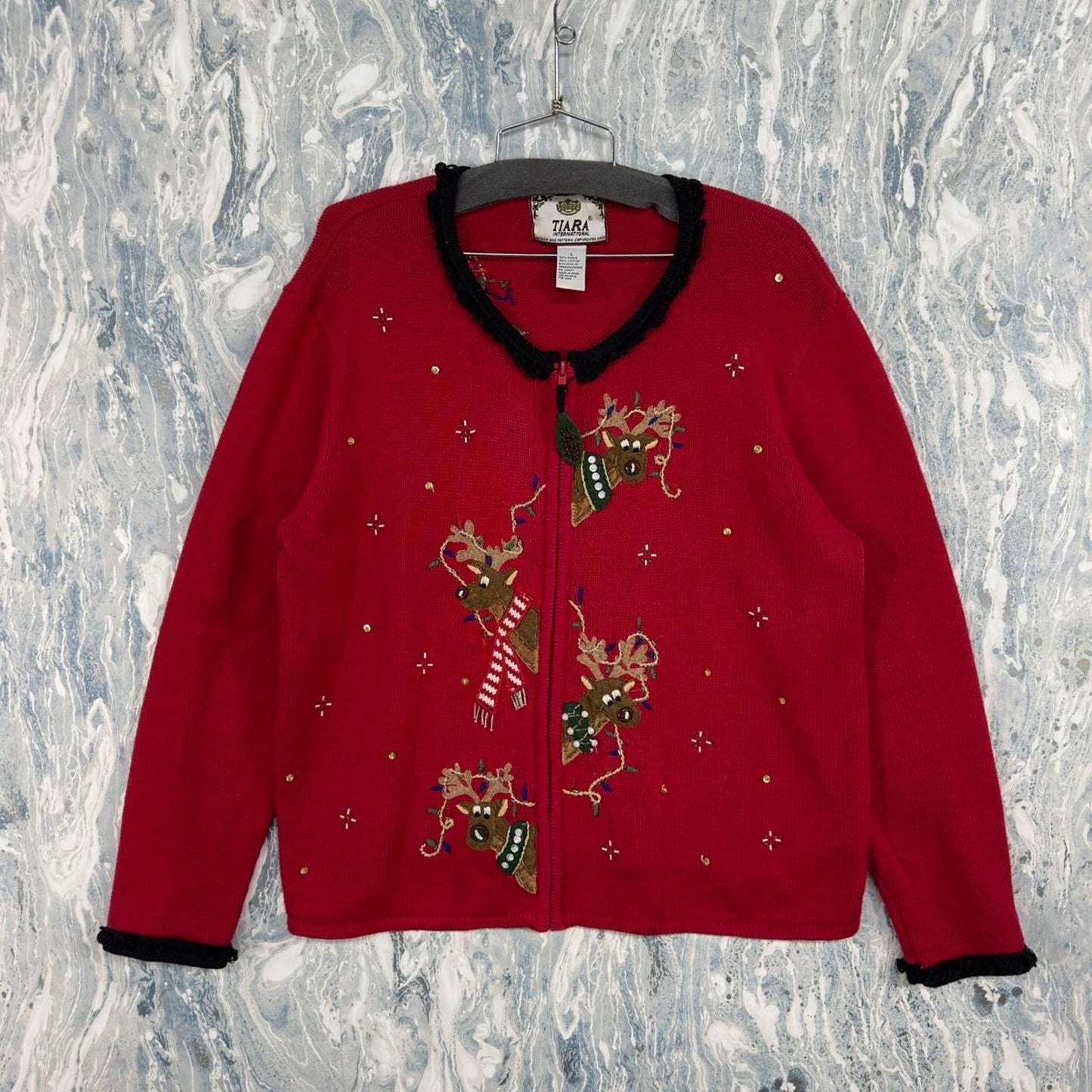 Vintage TIARA Red Embroidered Reindeer Full Zip Women's Sweater (L)