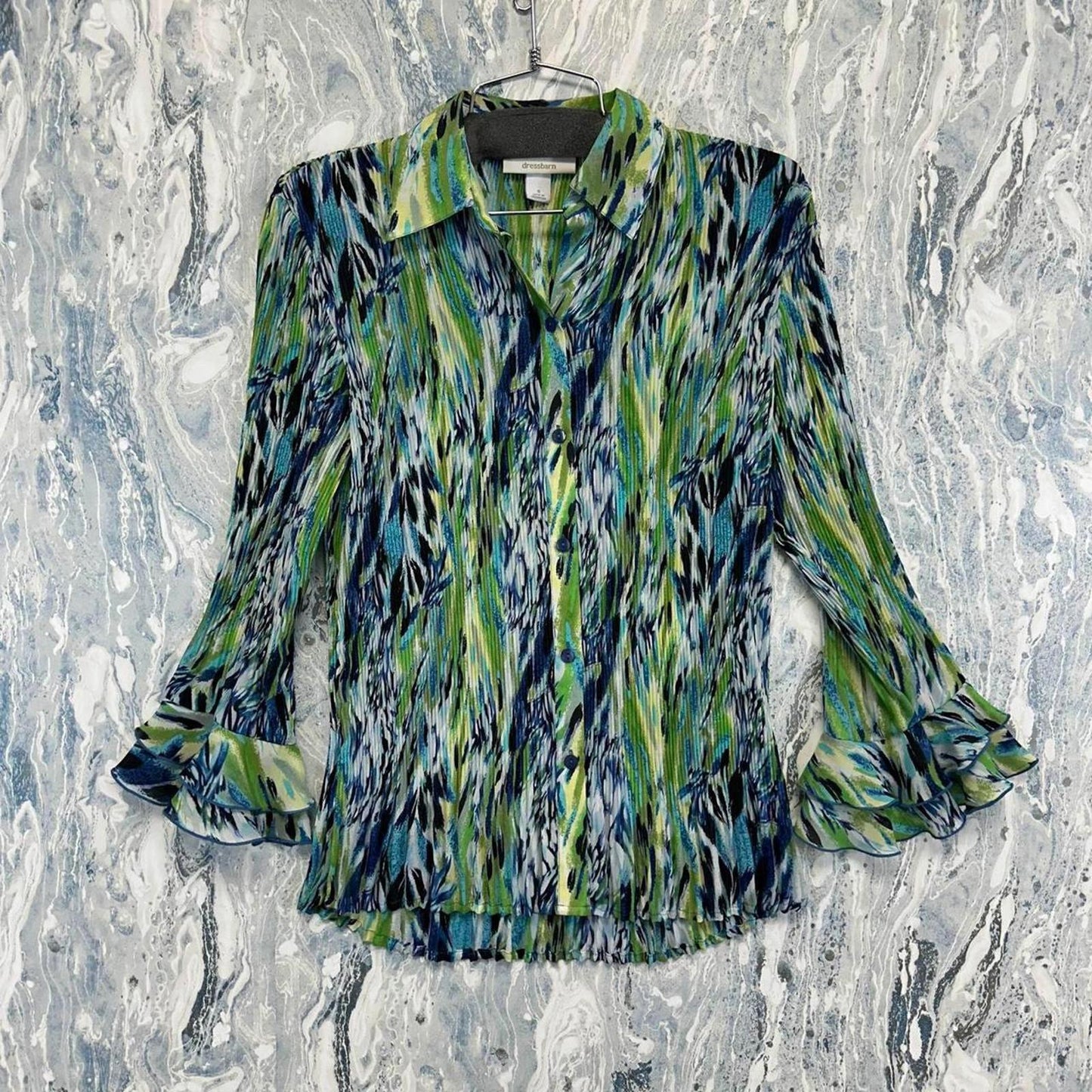Vintage DRESSBARN Abstract Print Ruffle Cuff Button-Up Blouse (S)