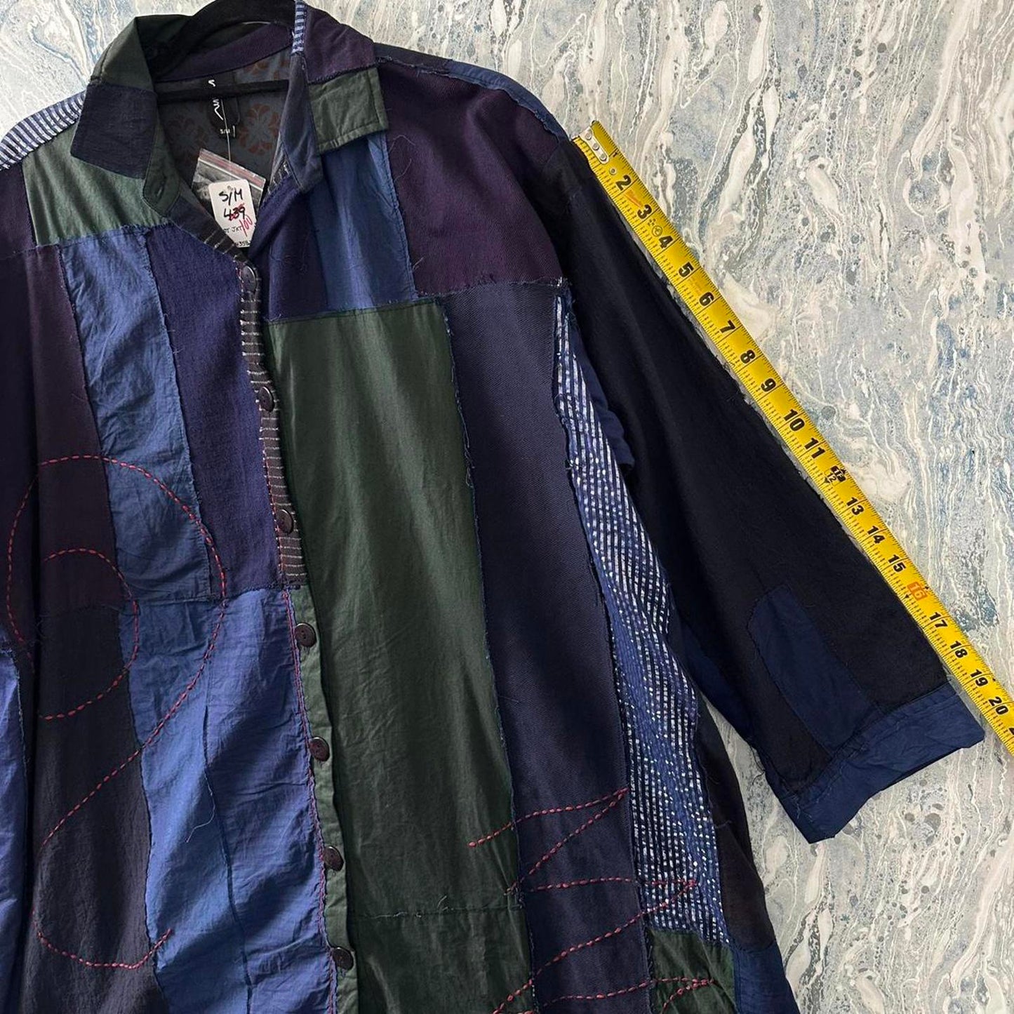 Designer Patchwork Navy Blue & Green Tunic Dress (S)