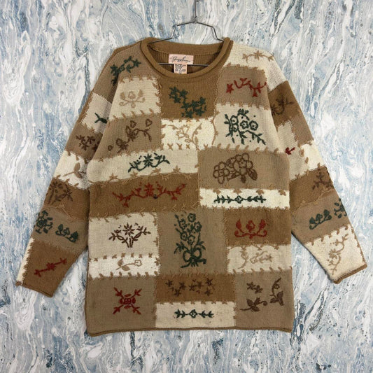 Vintage Patchwork Tan Floral Knit Oversized Sweater (L)