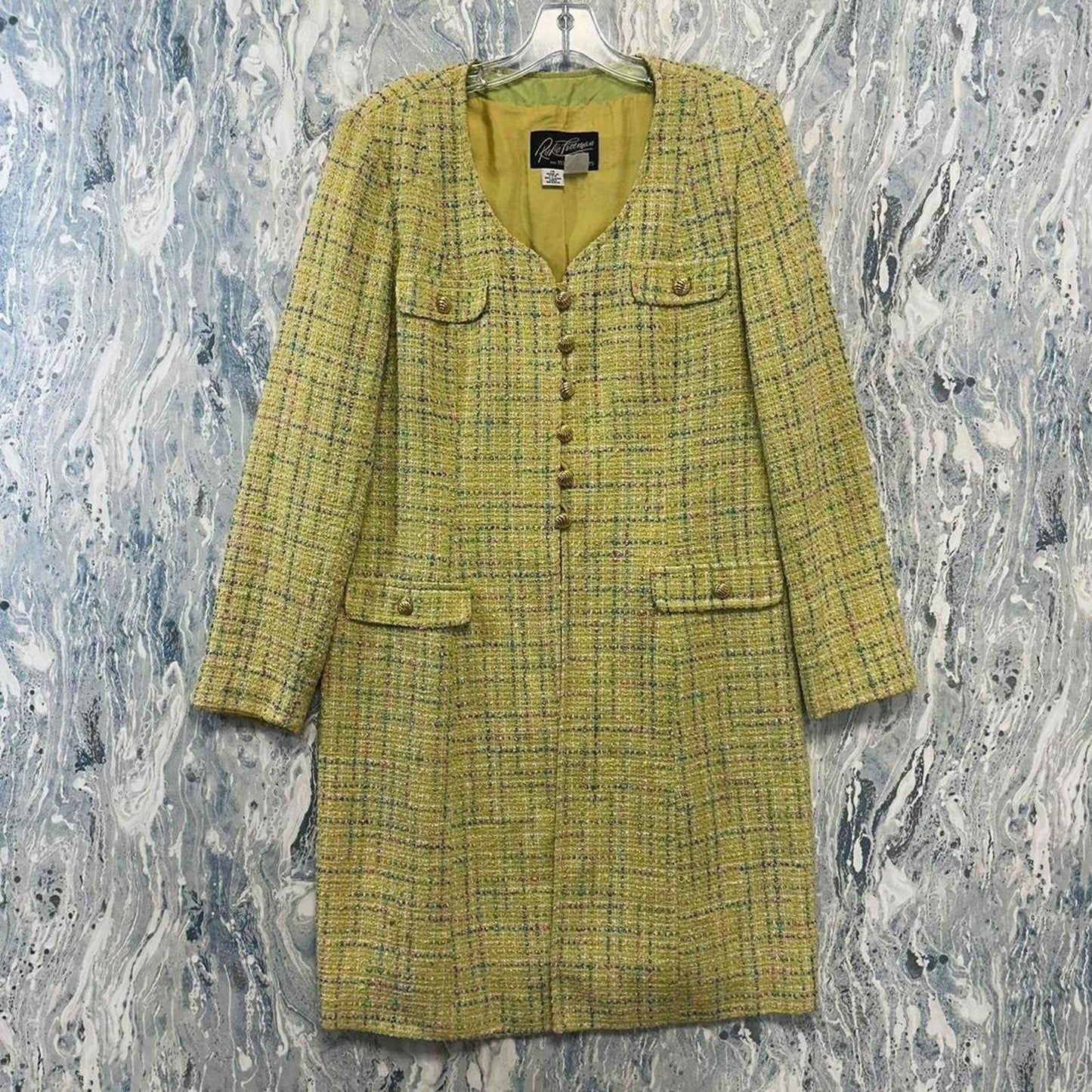 vintage pastel yellow twead trench suit with matching midiskirt (14)