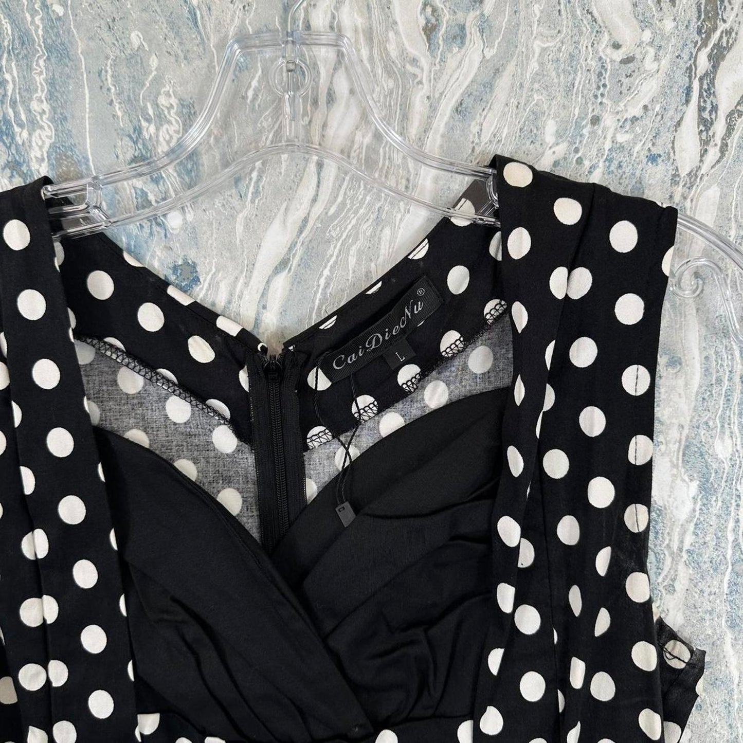 Classic Polka Dot Black & White Sleeveless Fit and Flare Dress (L)