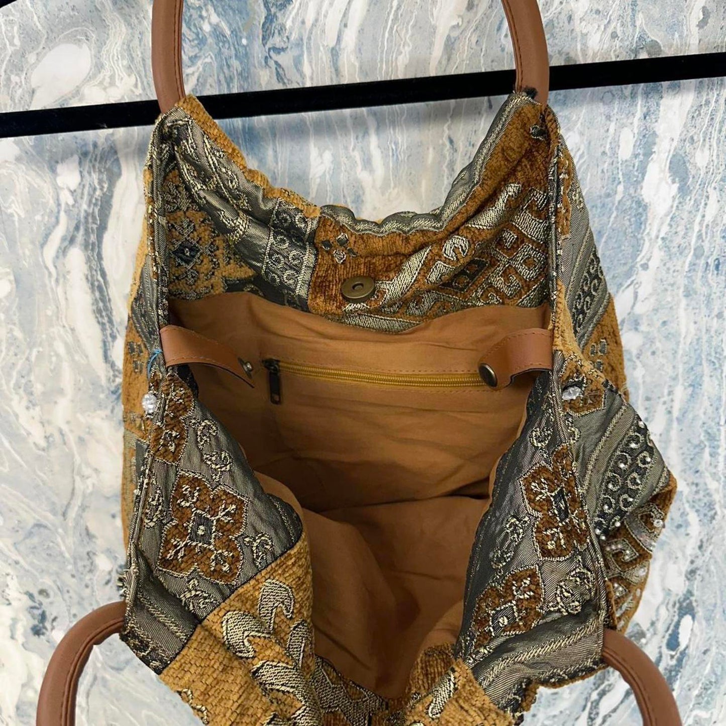 Bohemian Tan & Gold Embellished Patchwork Tapestry Bag