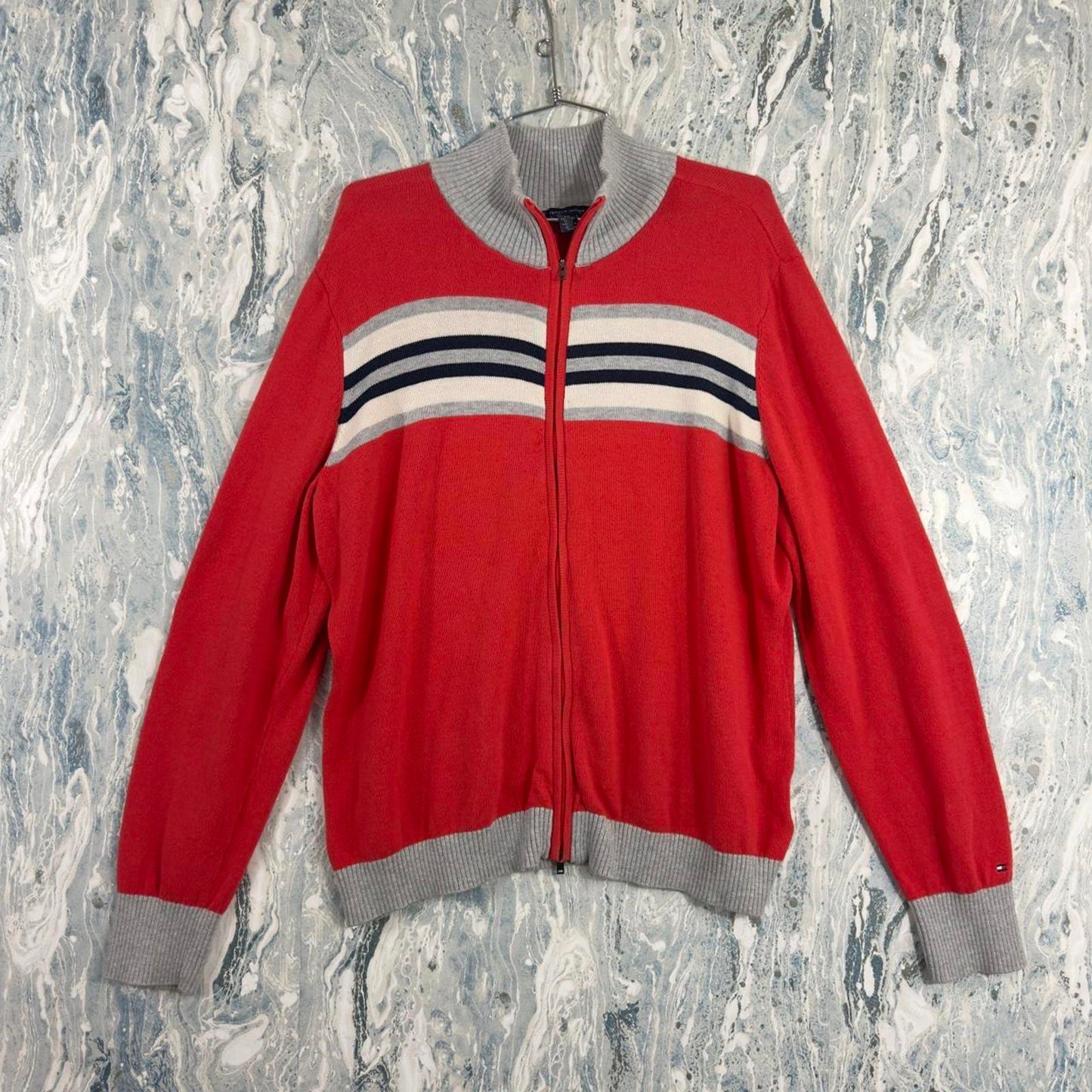 Tommy Hilfiger Red Zip-Up Sweater with Stripes (XXL)
