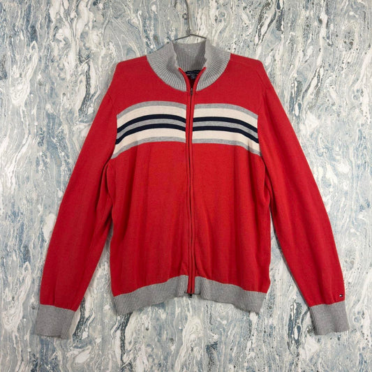 Tommy Hilfiger Red Zip-Up Sweater with Stripes (XXL)