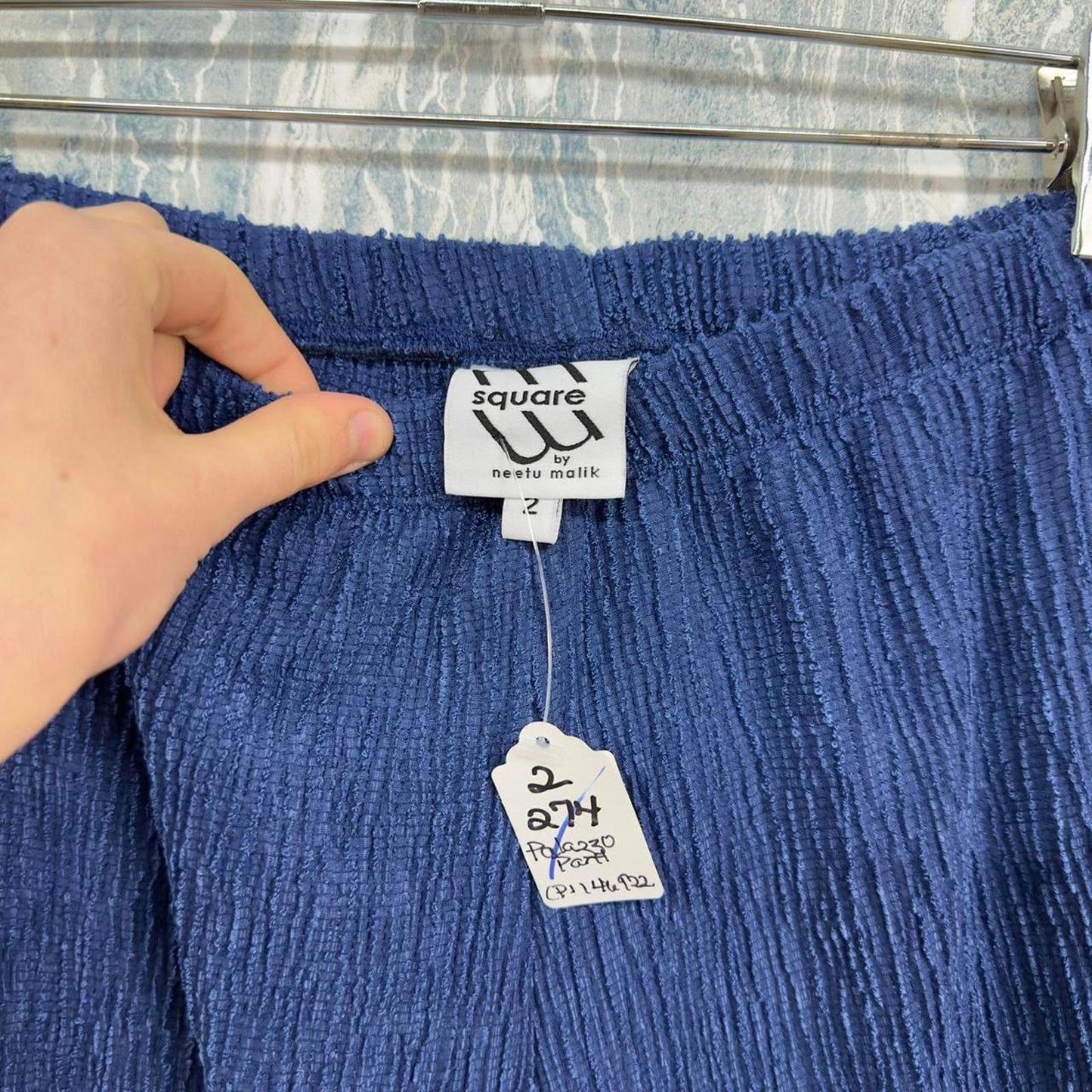 Wide Leg Navy Crinkle Pants (L)